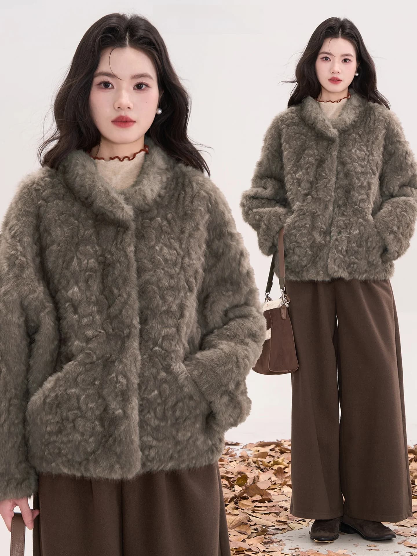 Eco-Friendly Faux Fur Jacket Women's Integrated Leather And Fur Winter Warm Short Style Casual Flip Collar Single Button