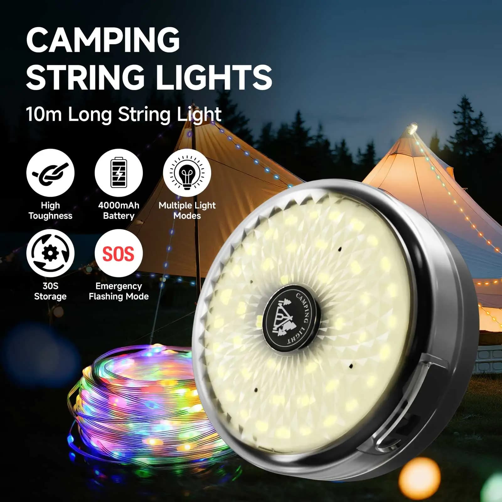 Luci da campeggio, lucine da campeggio retrattili Lanterne da 10 M con 12 modalità di illuminazione, ricaricabili tramite USB da 4000 mAh