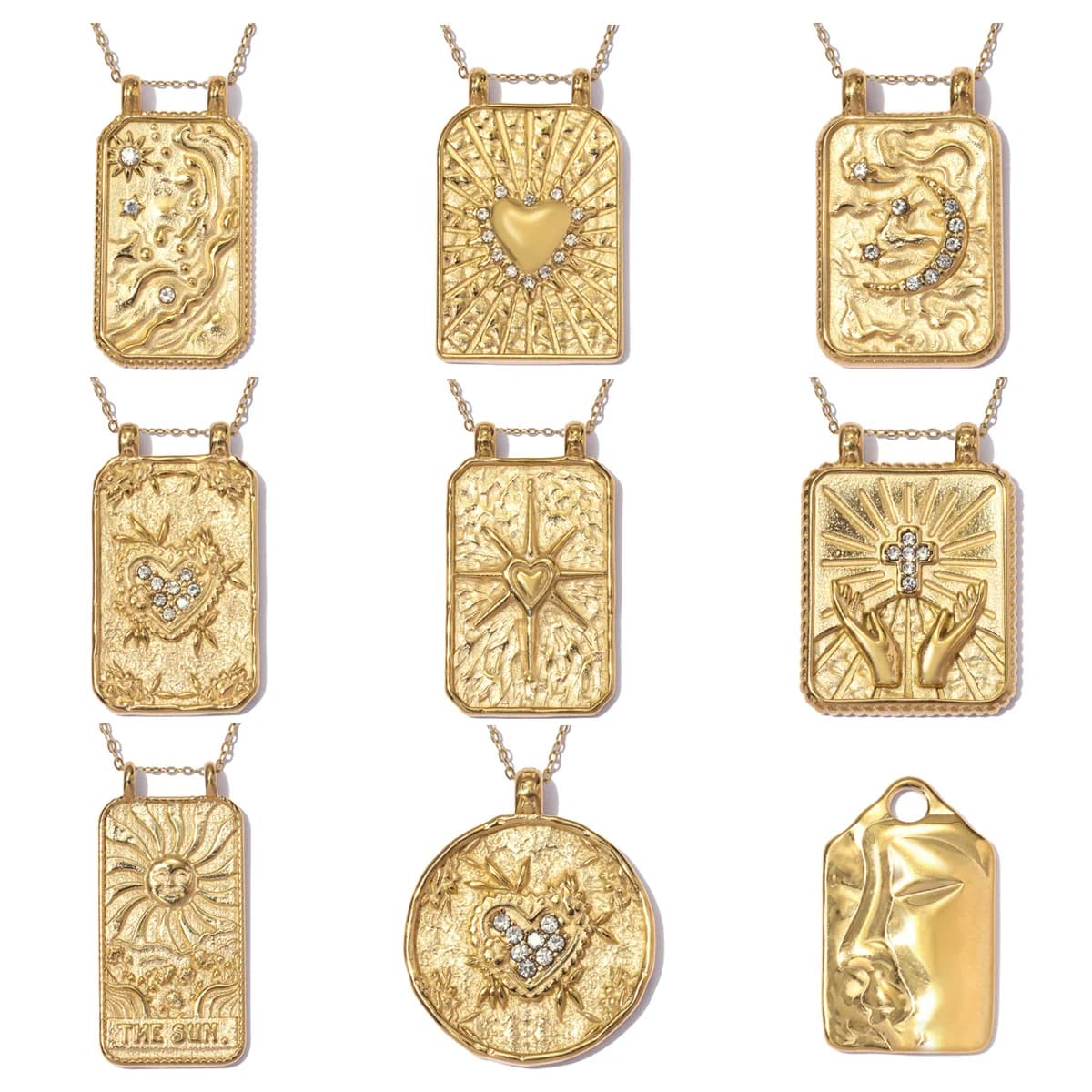 Set di 3 Ciondoli in Acciaio Inox con Strass, Carte dei Tarocchi, Luna, Stella, Croce, Collana con Pendente a Forma di Mano, Gioielli con Maschera Floreale per Donna