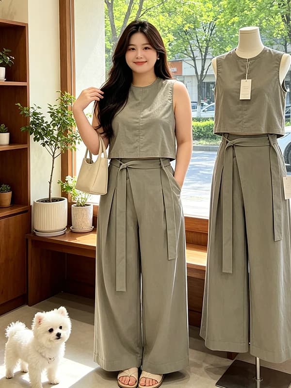 plus Size Korean Style Moneyed Lady Set Women Summer New Sleeveless Short Tank Belt High Waist Wide Leg Pants Two Piece Set