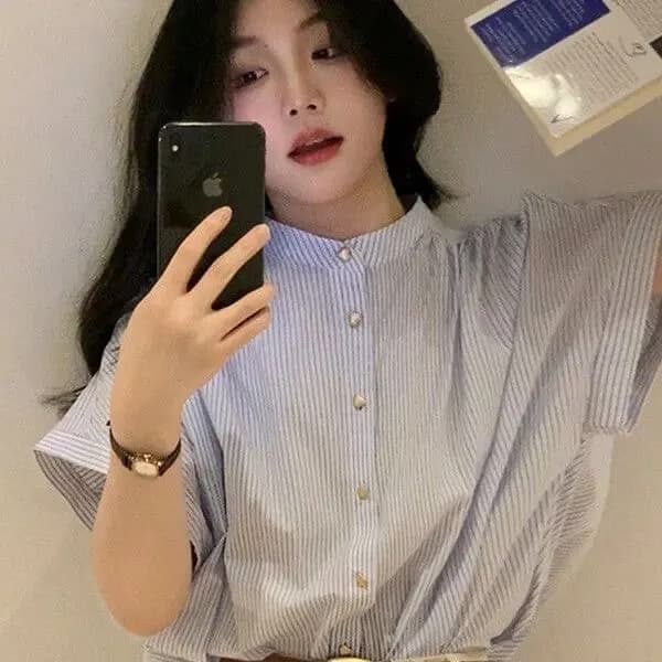 Summer Stripe Shirt Women's Loose Fit Short Sleeve Half Sleeve Top French Style Breathable Lightweight Casual Women's Blouse
