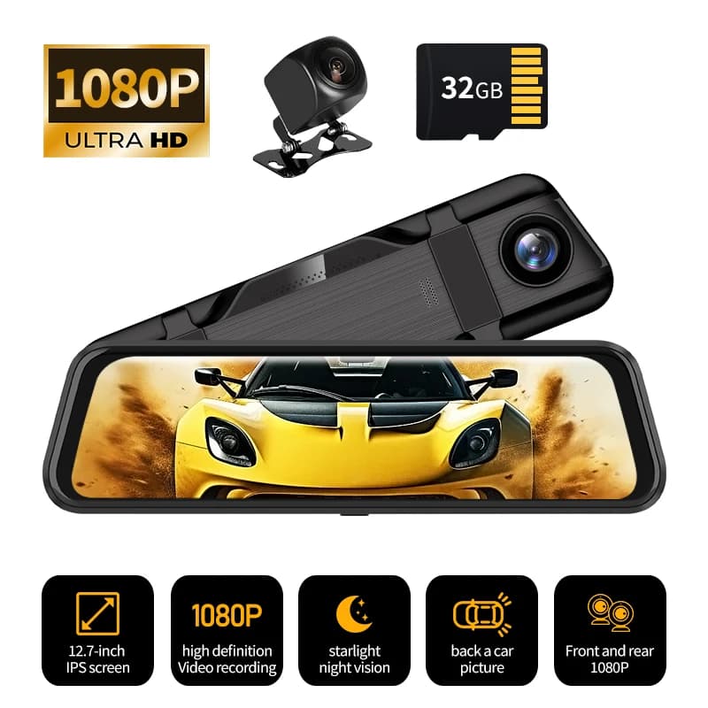 Telecamera a specchio da 12,7 pollici per videoregistratore touch screen per auto Specchietto retrovisore Dash Cam Telecamera anteriore e posteriore Specchio DVR Scatola nera