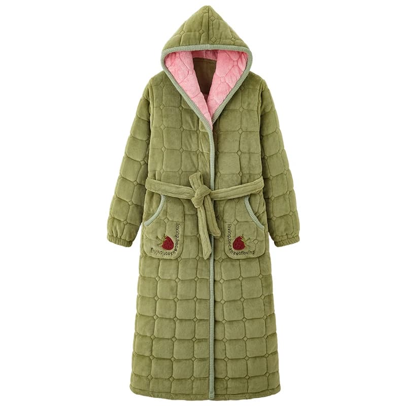Collar with hood Flannel Women's Quilted Dress Thickness Stylish Veterinary Warm with belt Women's Bathrobe Winter Long Dress Women's Long Dress