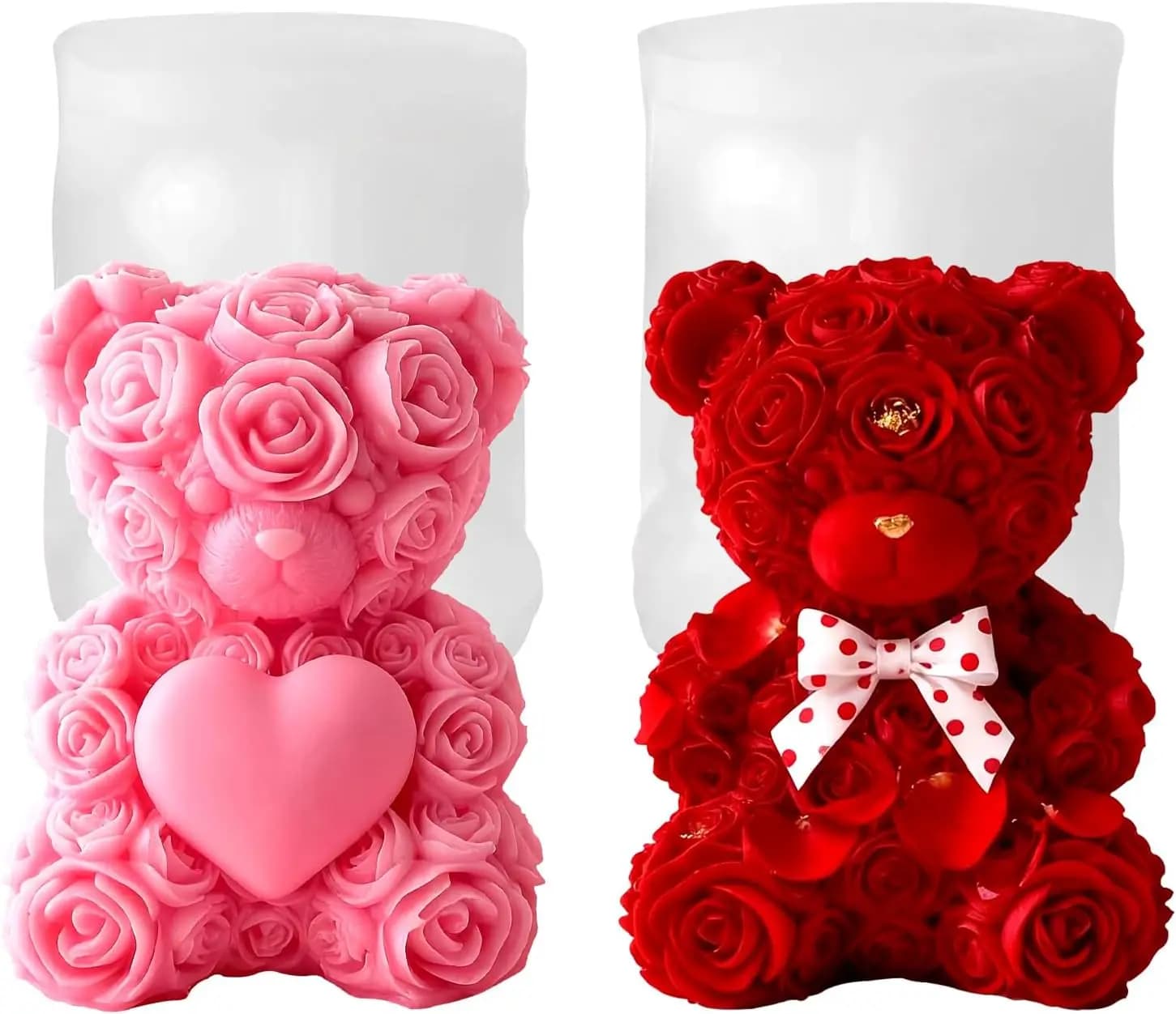 2PCS 3D Rose Bear Stampi per candele Teddy Bear Stampi in silicone per resina epossidica Candela fai da te Sapone Torta al cioccolato Fare San Valentino B