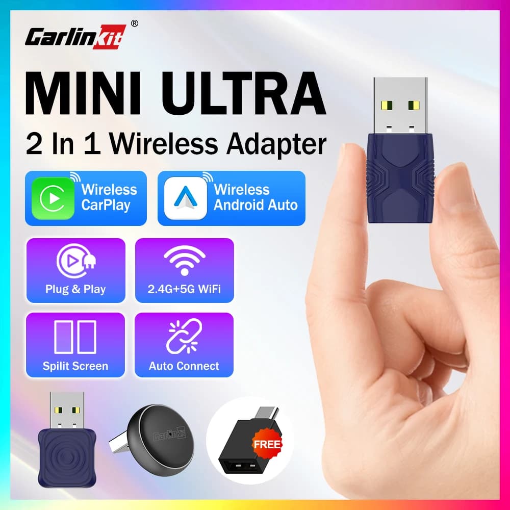 Mini Adattatore Wireless Ultra CarlinKit 5.0 per CarPlay e Android Auto Wireless per Auto OEM, Connessione Automatica Plug & Play via WiFi e Bluetooth