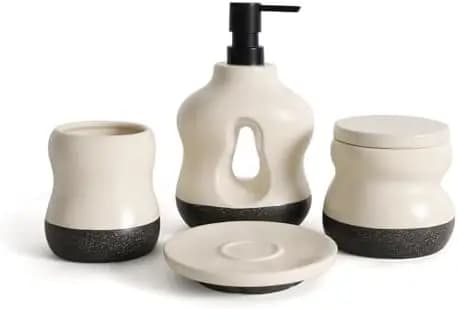 Set da Bagno BosilunLife 4 Pezzi Beige - Dispenser Sapone, Porta Spazzolini, Portasapone e Barattolo Farmaceutico