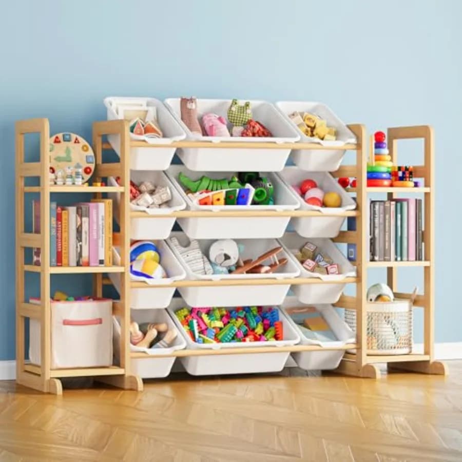 Organizzatore per Giocattoli con 6 Ripiani e 12 Contenitori, Libreria/Scaffale con Scomparti, Scatole per Giocattoli per l'Organizzazione della Sala Giochi e della Camera da Letto