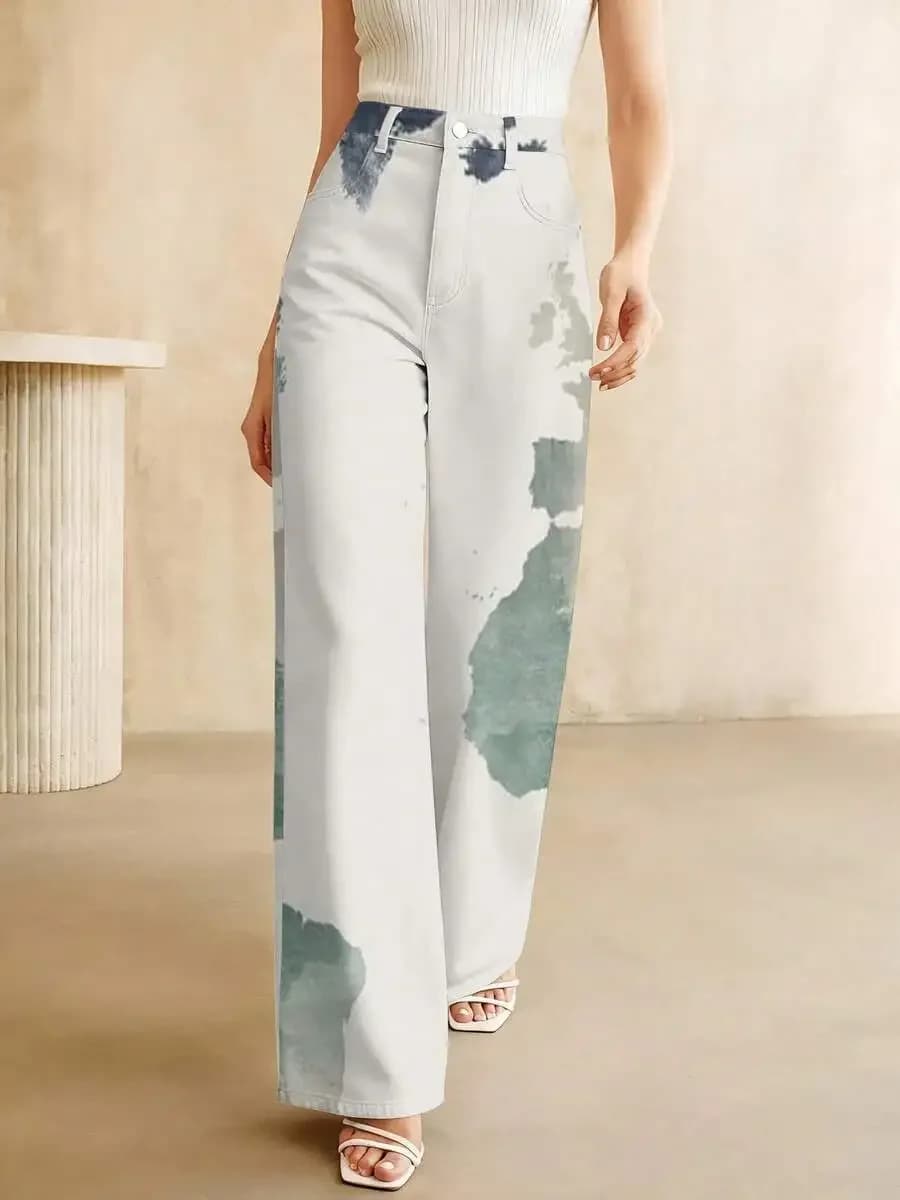 2026 Summer New Styles Plus Size Watercolor World Map Women's Elegant High-Waist Denim Pants Casual Straight-Leg Printed Jeans