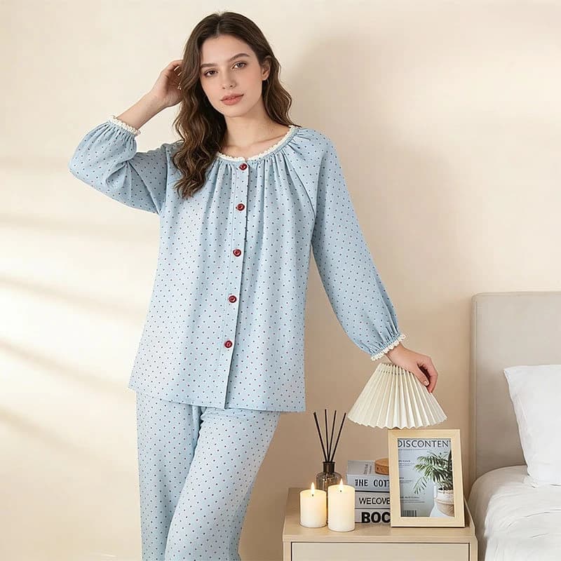 Women's All-Season Pure Cotton Polka Dot Lounge Set, Loose Fit Soft Breathable Sleepwear Pleated Top, Lace Neck & Elastic Cuffs