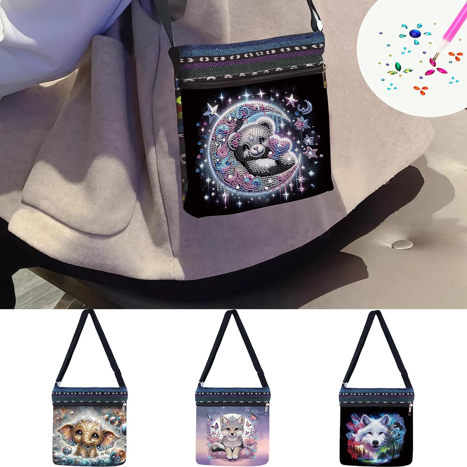 Una borsa verticale fai-da-te con un set di pittura con diamanti a forma di animale, adatta per riporre fazzoletti portatili e fazzoletti piccoli