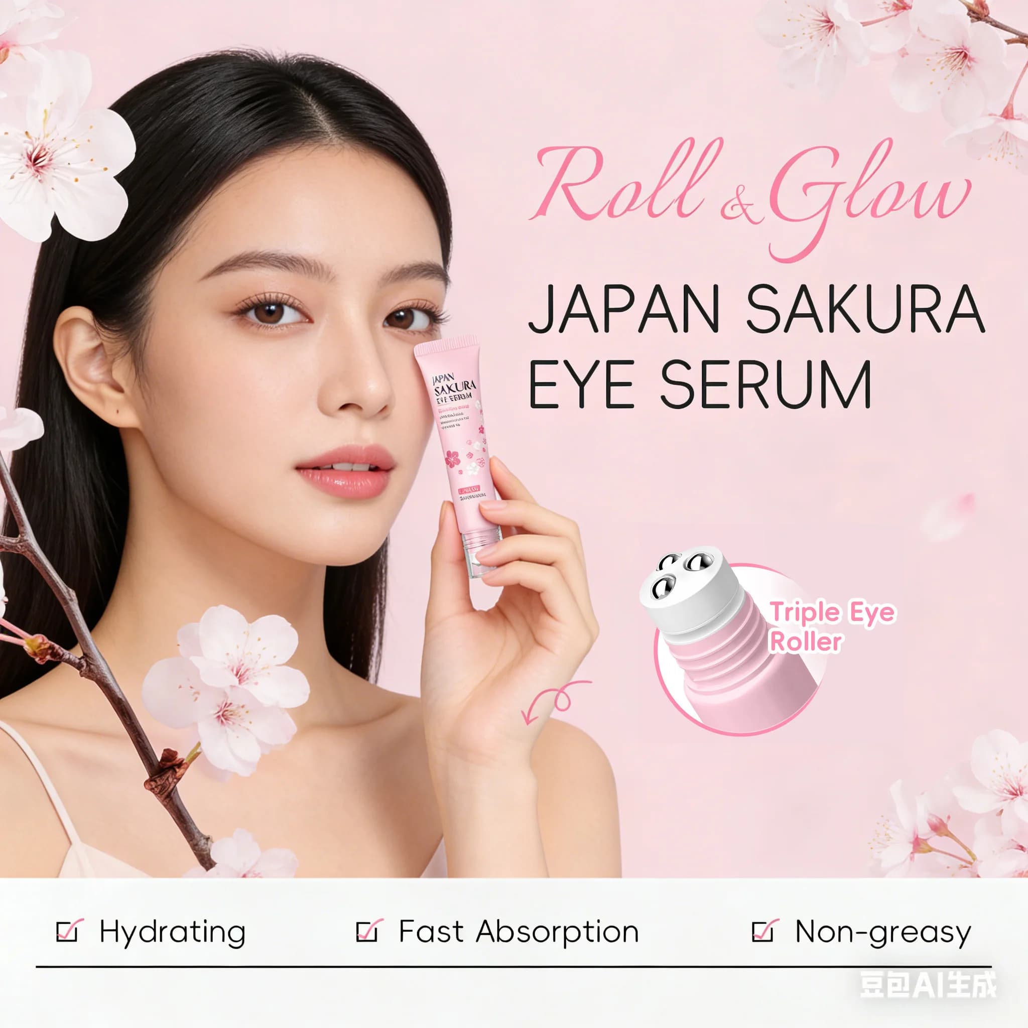 LAIKOU Japan Sakura Eye Serum 15ml Triple Roller Niacinamide Hyaluronic Acid Vitamin C Hydrate Reduce Dark Circles Puffiness