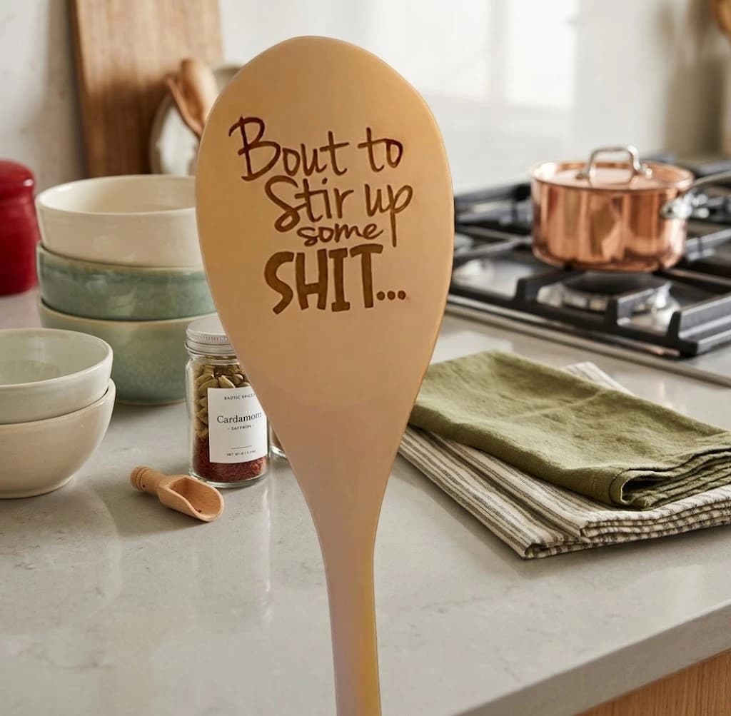 Bout To Stir Up Some Shit Funny Spoon Personalized Wood Spoons for Cooking Customized Laser Engraved Kitchen Utensil Christmas Birthday Gifts for Women