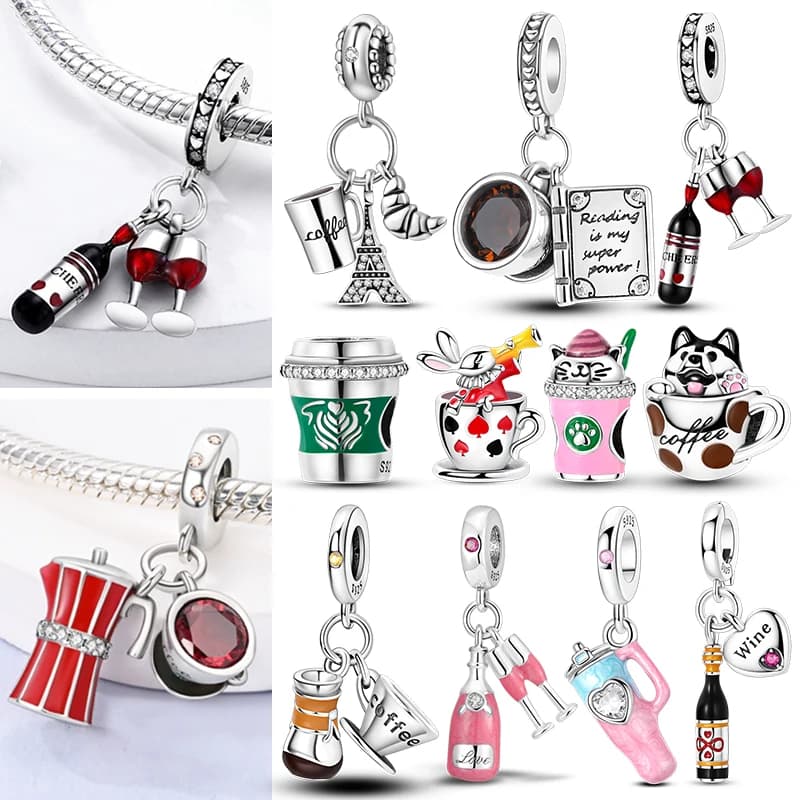 Charms Beads 925 Sterling Silver Coffee Cup Wine Glass Champagne Charms Pendant Cup Series Fit Bracelets DIY Women Jewelry Gift