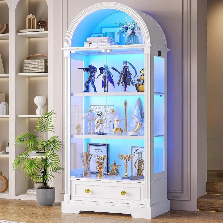 Arched Display Cabinet with Glass Doors, 72" Tall Curio Cabinet with Human Sensor Lights, 4-Tier Display Case for Collectibles