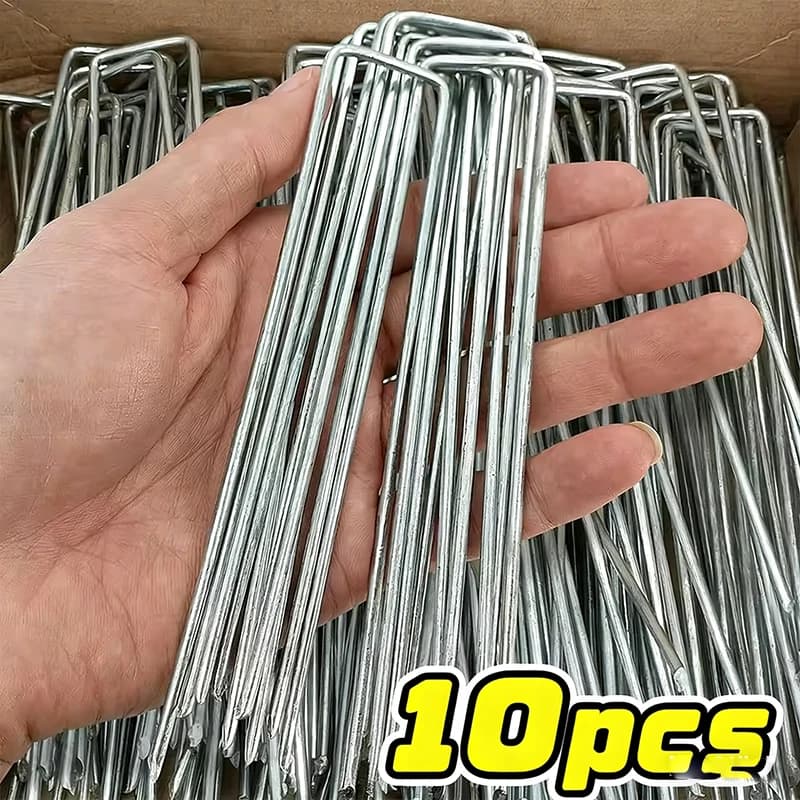 10 Pezzi Ganci a U Rinforzati per Giardino, Pali Zincati per Paesaggistica, Perni per Barriera Antierba, Erba Sintetica, Prato