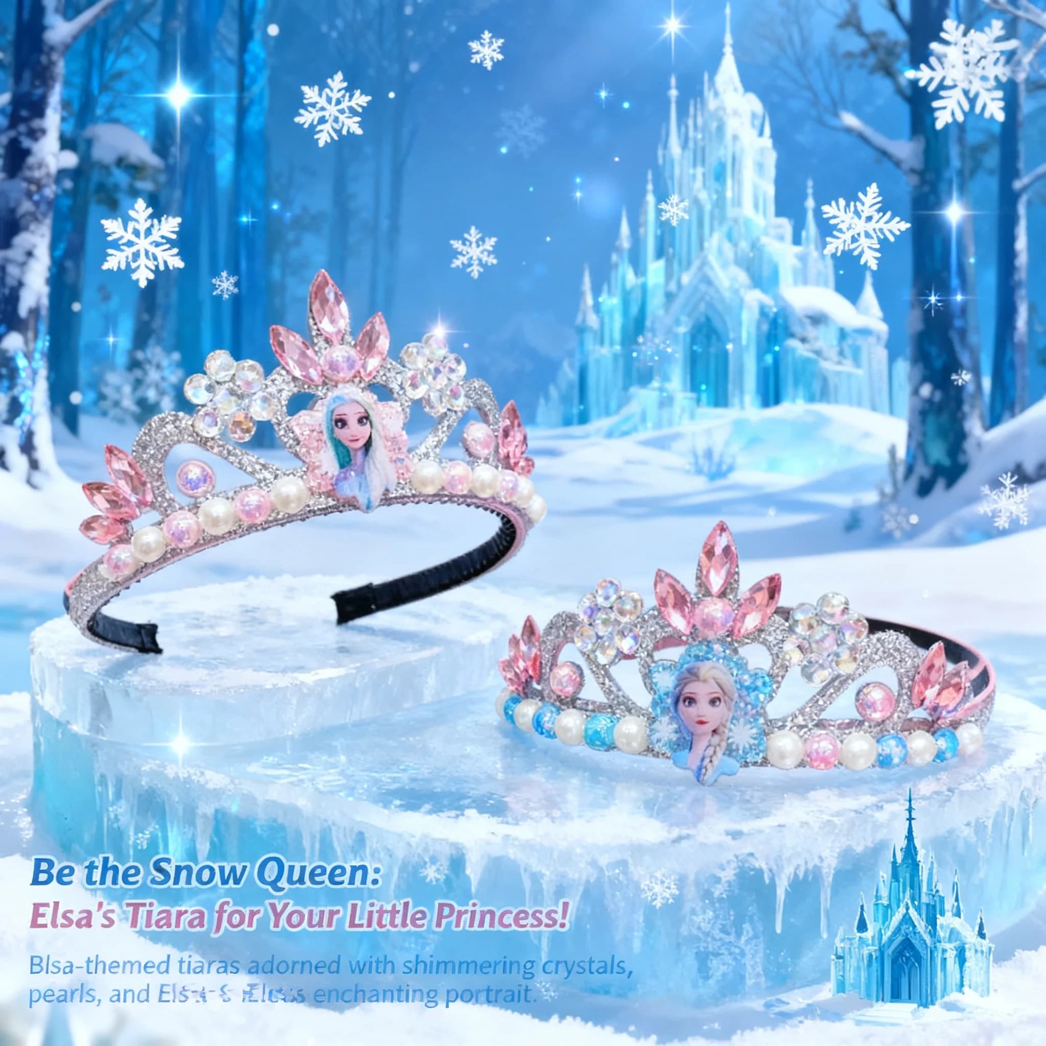 Disney Frozen Elsa Blue Sparkling Crown Headband with Pearls for Birthday Party Hair Accessory Holiday Gift Cosplay Costume