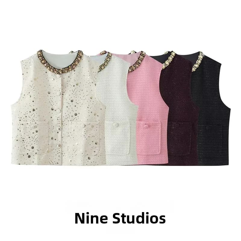NINE ZAR Giacca Corta Senza Maniche da Donna con Collo Rotondo e Decorazioni in Diamanti e Perline, Elegante Capospalla Estivo in Poliestere