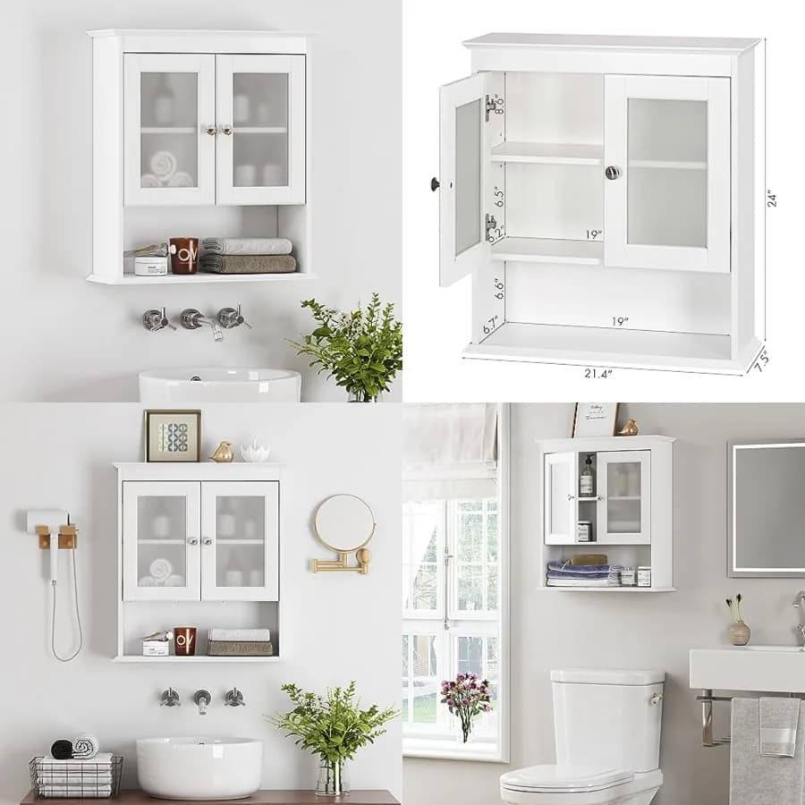 Armadietto da Bagno a Parete, Organizzatore con Ante in Vetro e Ripiani Regolabili, Mobiletto da Bagno Sopra il WC