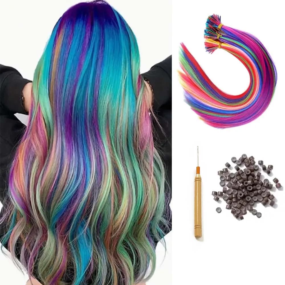 Kit di estensione dei capelli arcobaleno da 16 pollici, colore sintetico, estensione dei capelli con stick stick, donna con microperline, cosplay da donna