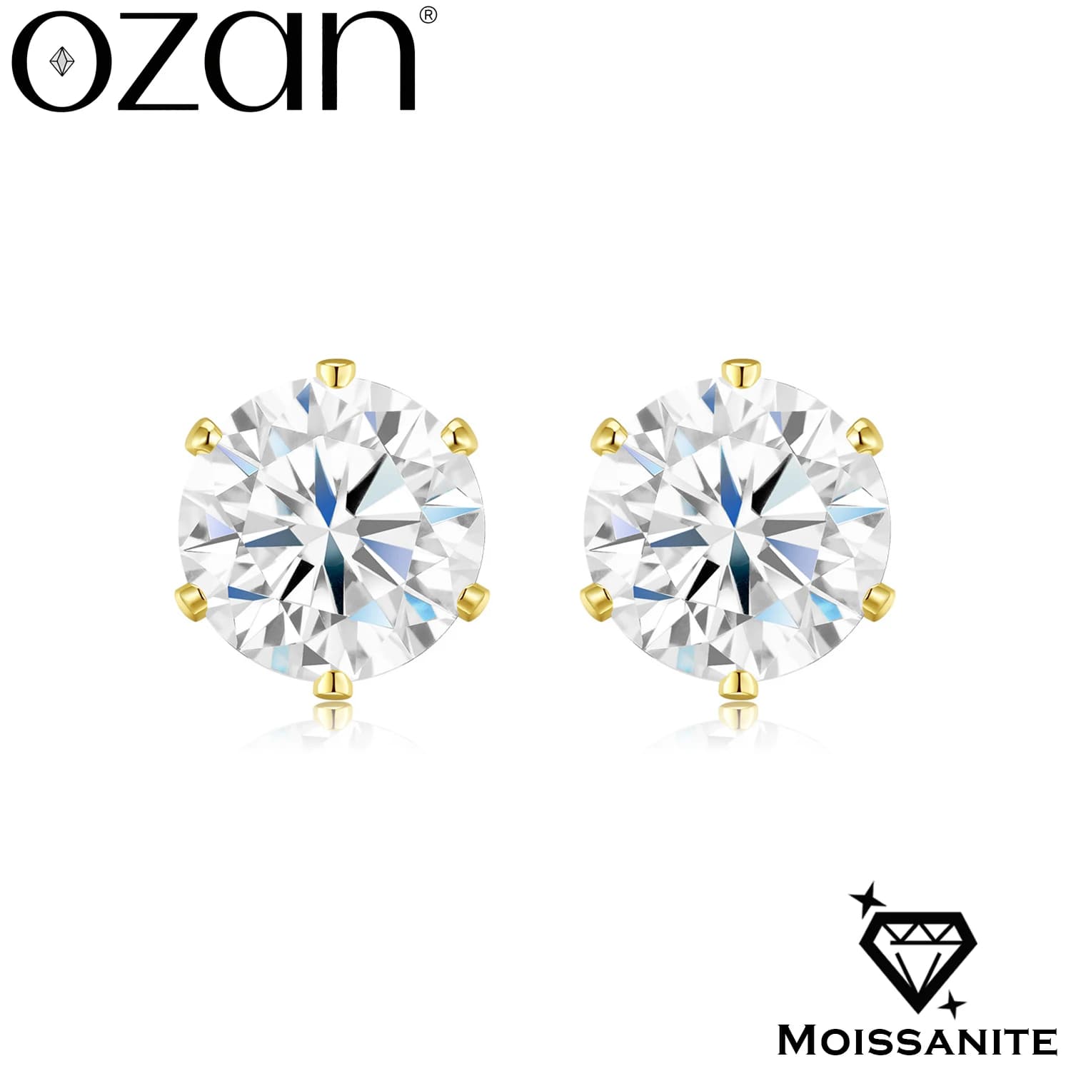 OZAN 100% Real Moissanite Earrings Stud Round Shaped 18k Yellow Gold Plated Fashion Trendy Gemstone Jewelry for Women Girls