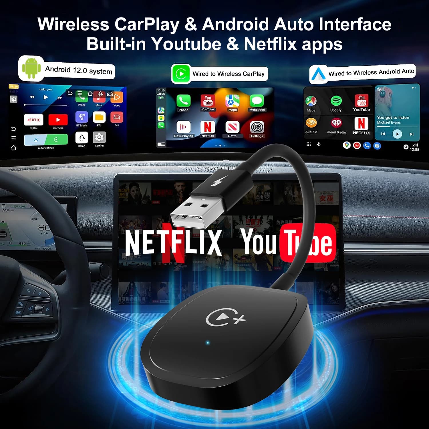 Adattatore video wireless per CarPlay/Android Auto, supporta la visione di video di YouTube/Netflix/TikTok senza ritardi, plug and play