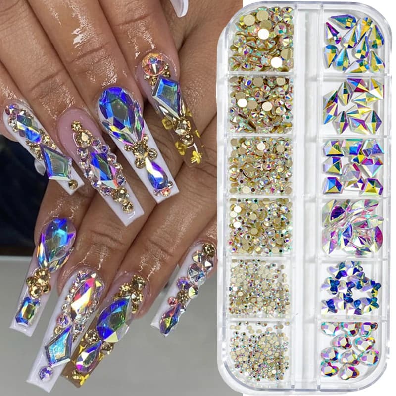 12 griglie/scatola cristallo nail art strass vetro SS4-SS16 pietre per unghie lucido flatback 3D decorazione nail art fai da te