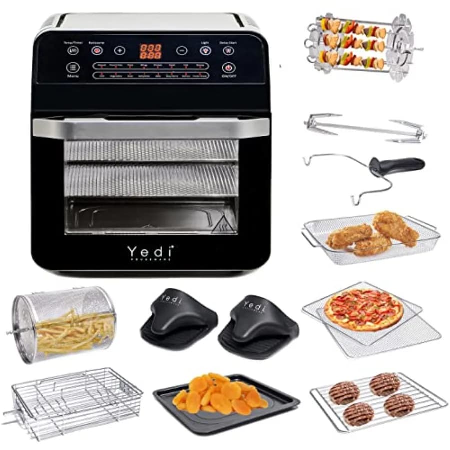 Forno friggitrice ad aria da cucina con funzione girarrosto e disidratatore, in acciaio inossidabile nero, versatilità 18-in-1 e 100 ricette incluse