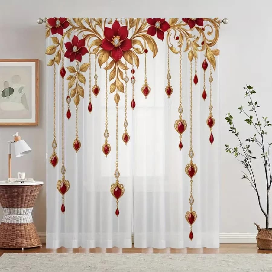 2PCS Digital Print Sheer Curtains, Lovely Red Gold Flower Pendant, Luxury Ornate Floral Style for Bedroom Living Room Home Decor