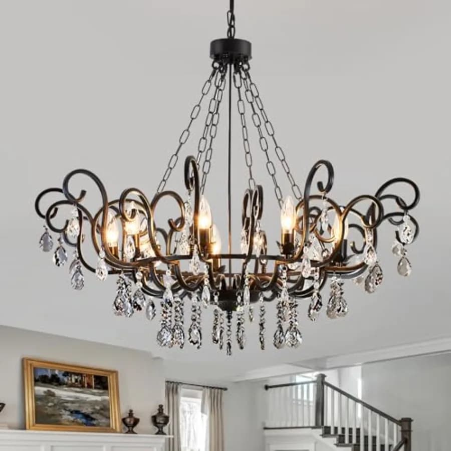 Crystal Round Chandelier Modern Black Candle Pendant Light Large E12 9 Light Adjustable High Hanging Ceiling Light Fixture for