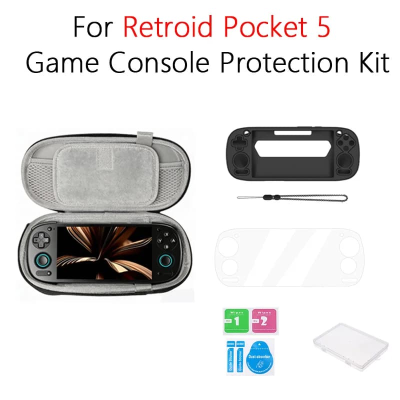 Game Console Protection Kit for Retroid Pocket 5 Silicone Case Tempered Glass Screen Protector Storage Bag for Pocket 5