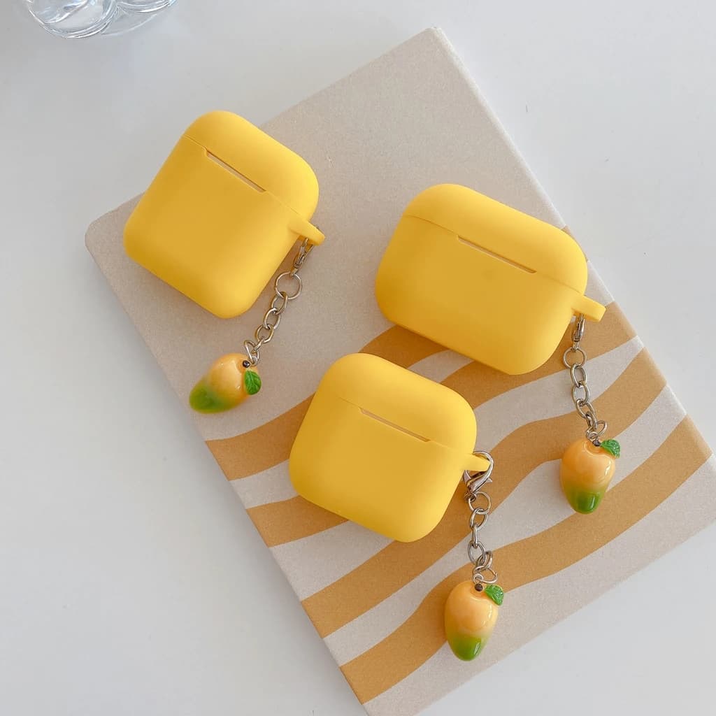 Fashion Refreshing Bright Yellow Silicone Softshell 3D Mango Pendant Earphone Protect Cover Case for AirPods 2 3 4 Pro Pro2 Pro3
