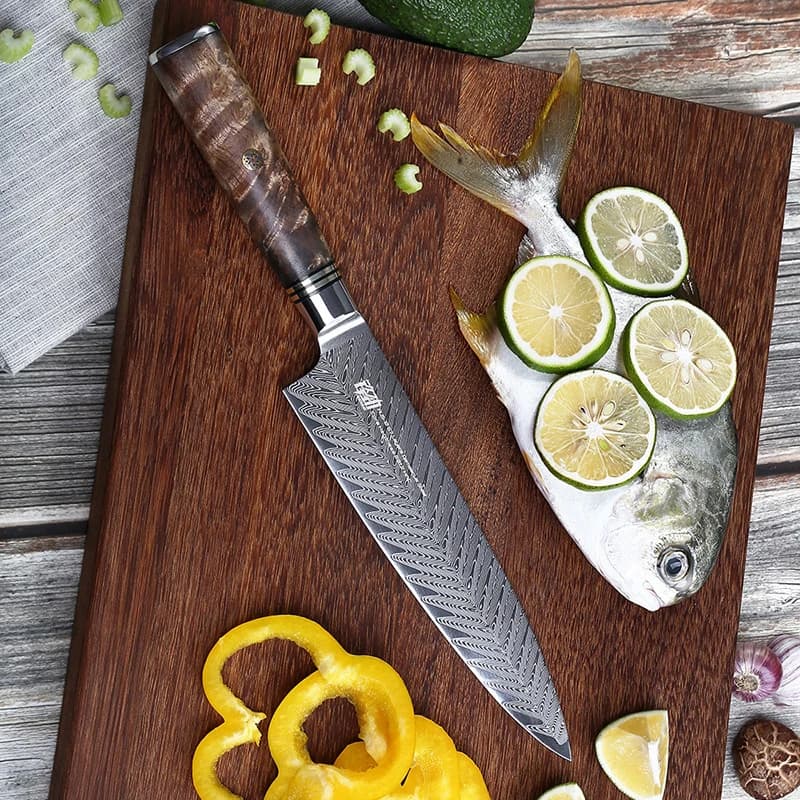 FINDKING AUS-10 Lama in acciaio di Damasco Manico in legno di Sapele Modello a freccia Coltello di Damasco 8 pollici Mannaia da chef 67 strati Coltello da cucina