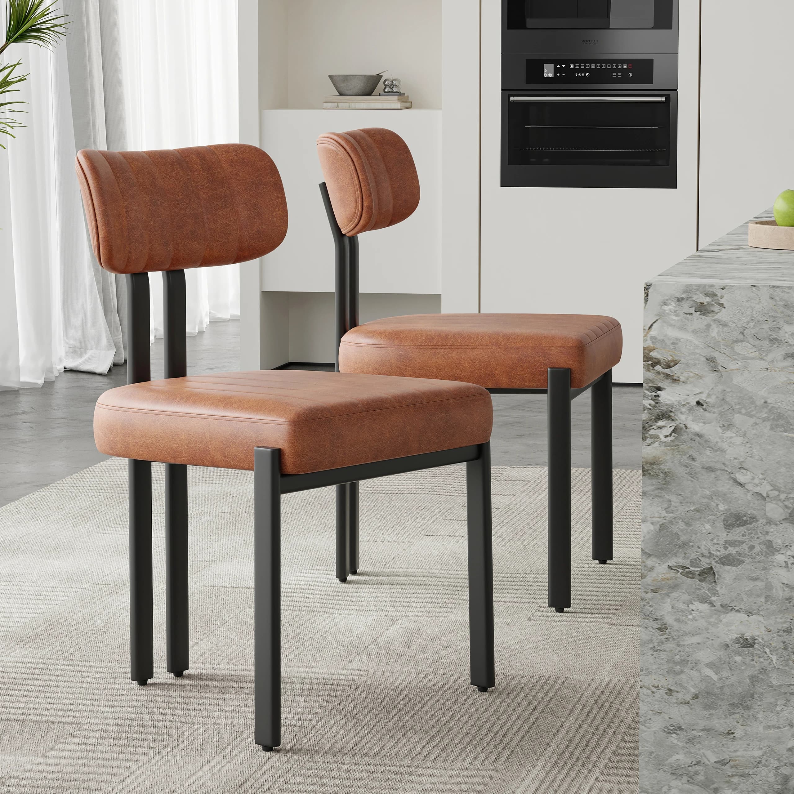 Set di 2 sedie da pranzo in stile Mid-Century, sedie da cucina imbottite in pelle PU con gambe in metallo nero per sala da pranzo