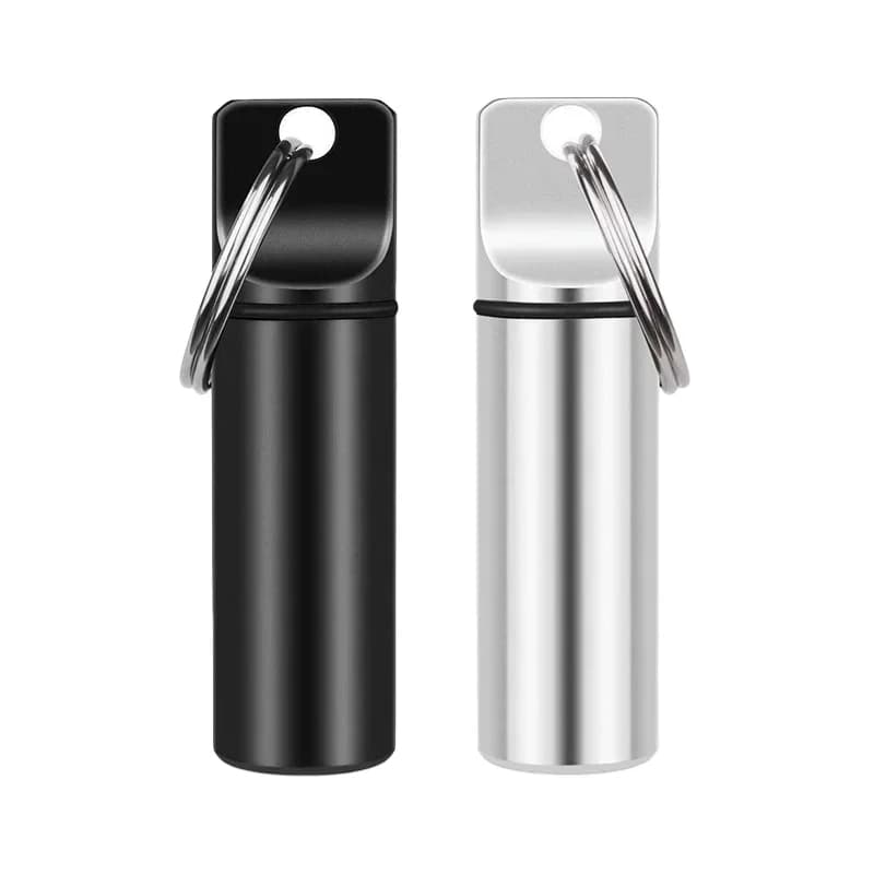 Waterproof Pill Box Aluminum Cases with Sealed Storage, Flat Head, Round Alloy Cartridge and Keychain for Vitamin Fish Oils