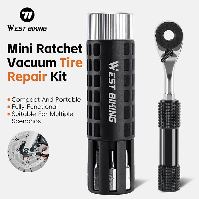 WEST BIKING Mini Kit Riparazione Pneumatici a Ratchet, Set Attrezzi Riparazione Bici, Forcella Ago Riparazione Pneumatici a Ratchet, 5 Strisce di Gomma