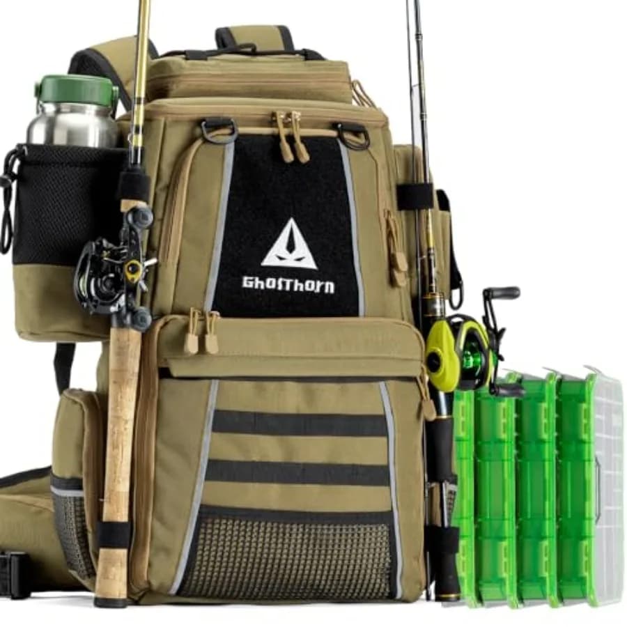 Zaino da Pesca con 4 Scatole Porta Attrezzatura 3600, Porta Canna, Borsa Grande da 43L per Esterni con Borsa da Cintura Staccabile, Contenitore per Attrezzatura da Pesca