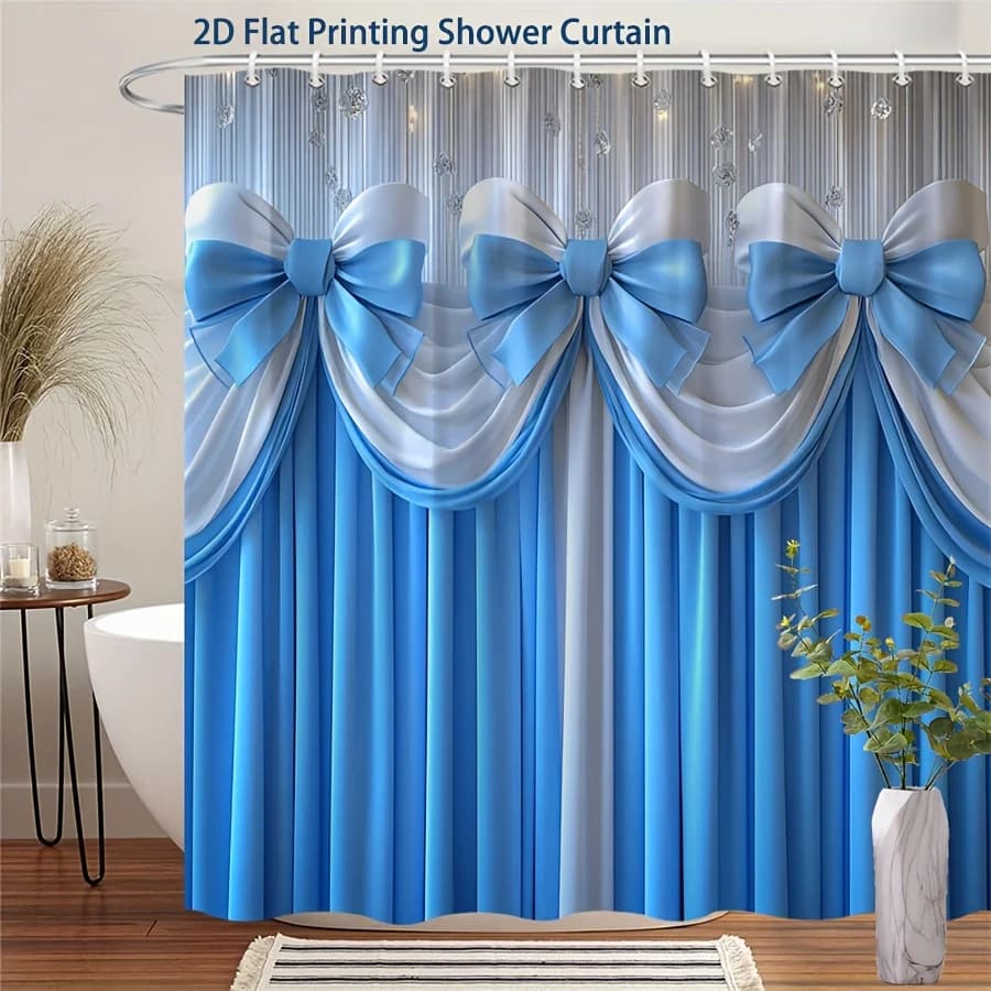 Tenda da Doccia in Tessuto Drappeggiato Blu e Bianco - Design Elegante con Luci Fatate e Fiocchi - Tenda da Bagno Moderna per Arredamento Casa