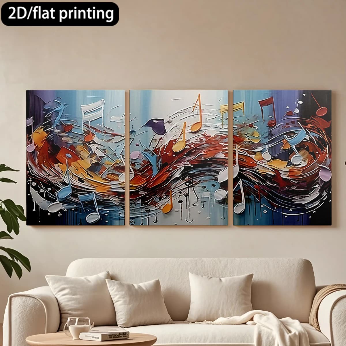 Set di 3 Quadri Decorativi su Tela con Cornice in Legno, Dipinto Musicale Astratto, Note Fluttuanti. Decorazione per Corridoio, Soggiorno