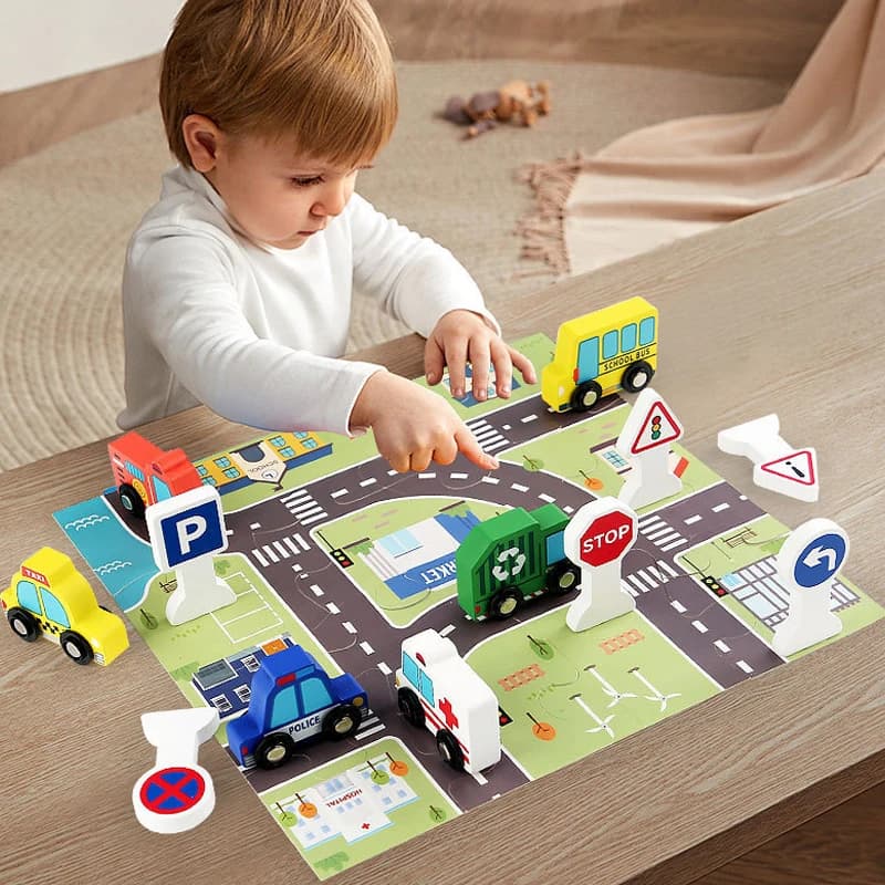 Set di auto giocattolo inerziale in legno, blocchi di costruzione di animali dei cartoni animati per bambini Puzzle 3d Giocattolo cognitivo per scene stradali educative, XT261