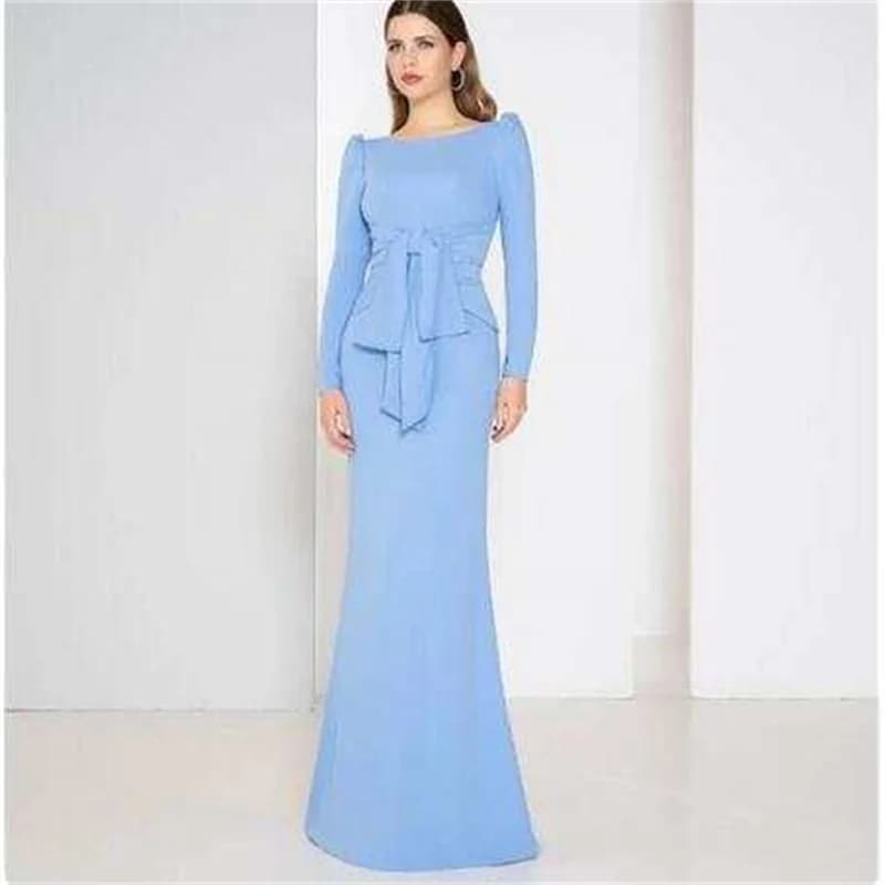Personalizza abiti da sera a sirena blu senza spalline maniche lunghe eleganti abiti da ballo lunghi fino al pavimento con abito da sposa con fiocco 2025