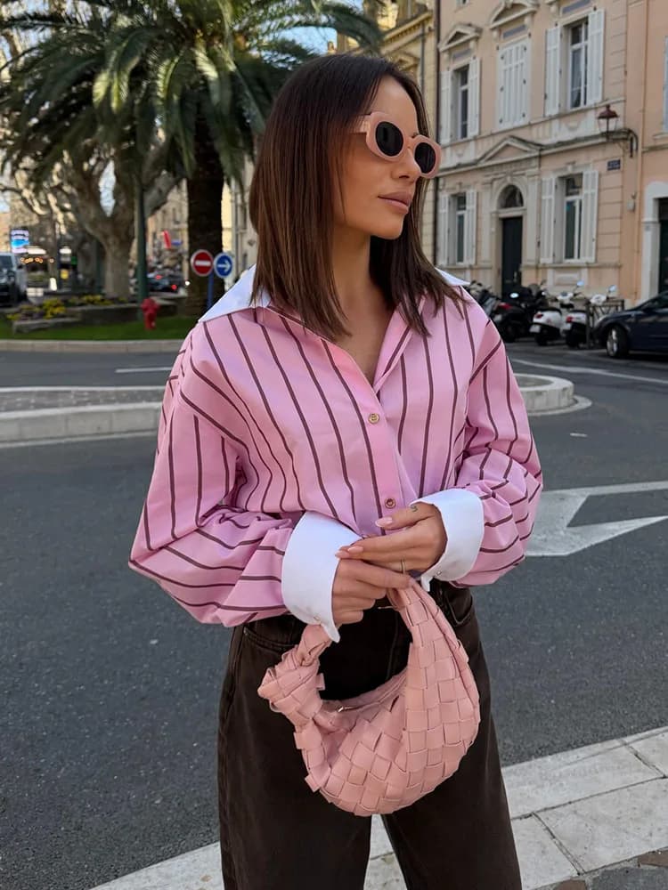 HH 2026 Camicia Primaverile da Donna Rosa a Righe con Colletto, Manica Lunga, Monopetto, Elegante, Casual, Versatile, Blusa Femminile