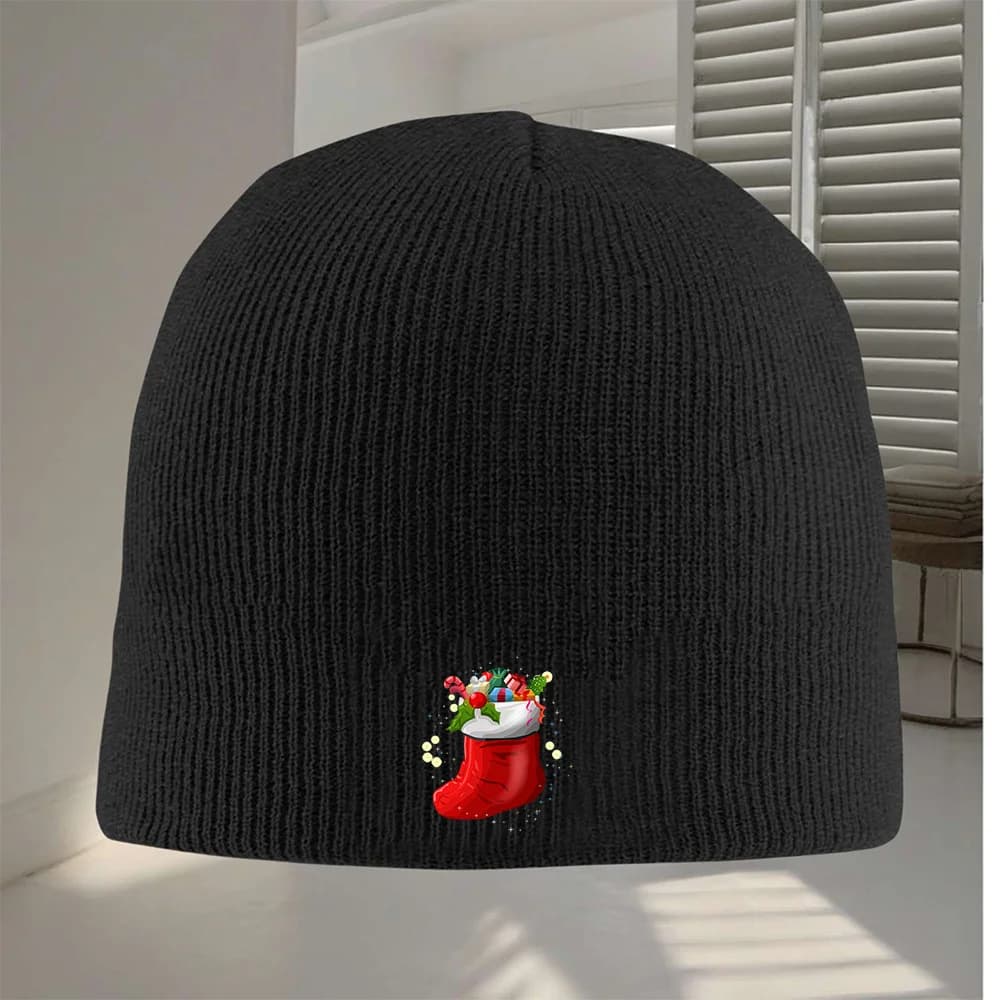 1pc Sparkle Christmas Stocking Beanie Hat - Red/Green/Golden Knit Cap with Stocking Patch, Windproof Warm Acrylic Blend Winter
