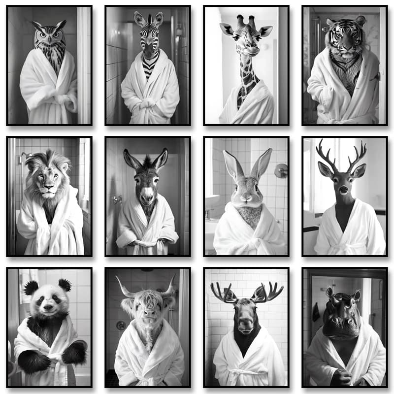 1pc frameless Canvas Painting Funny Bathroom Wall Art Decor Poster Quirky Animal Art Canvas Painting Panda in A Bathrobe Prin