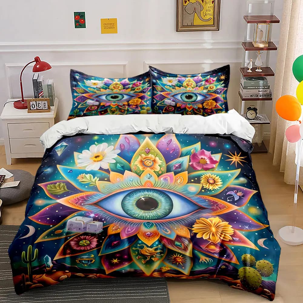 Set di biancheria da letto "Colorful Eye Flower Art Set" con 1 copripiumino e 2 federe, singolo, matrimoniale, king, queen, regalo