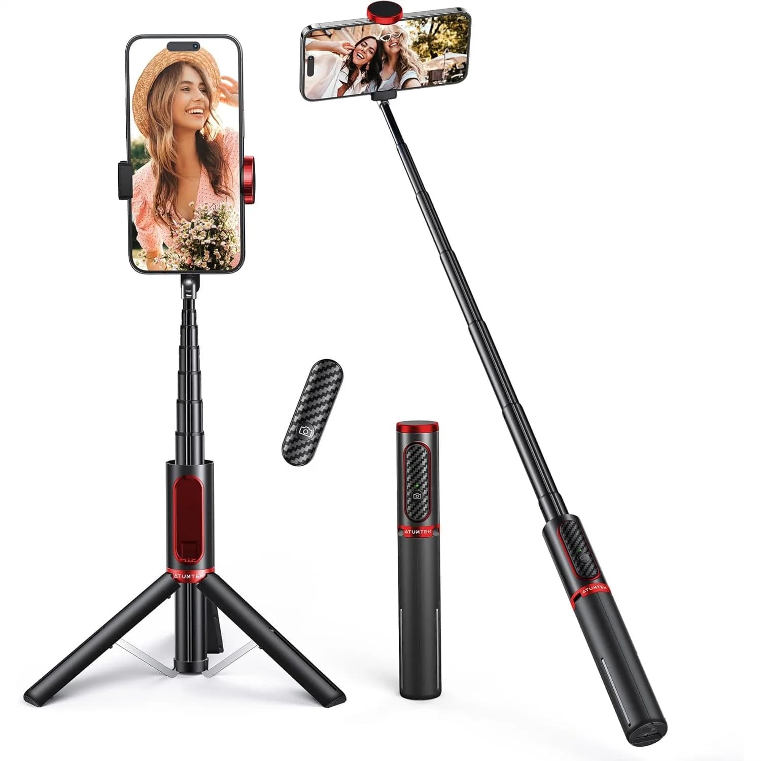 Treppiede per selfie 3 in 1, treppiede per telefono in alluminio estensibile con telecomando Bluetooth rimovibile per smartphone iPhone Samsung Rosso