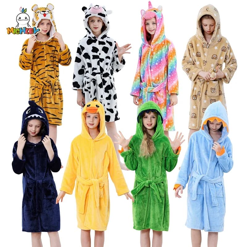 MICHLEY Cartoon Dinosaur flannel children bathrobe robe pajamas baby bathrobe with hood clothes for girls boys 3Y-13Y