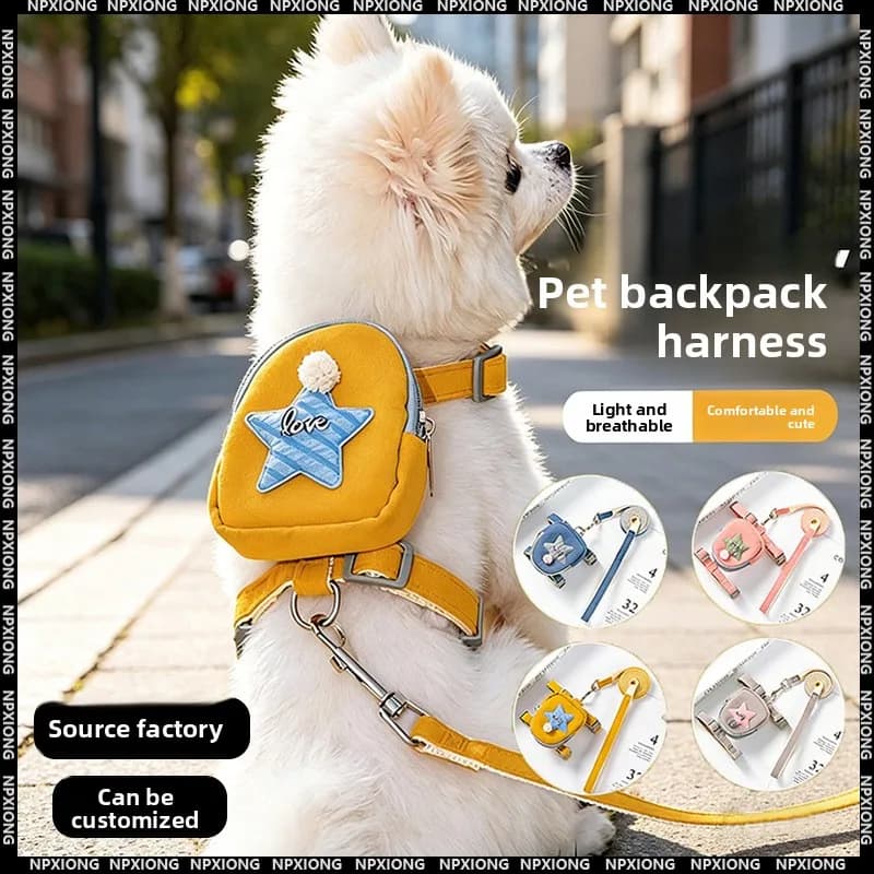 Dog Harness Leash Set with Backpack, No Pull Breathable Mesh Vest for Small Dogs Teddy, Adjustable