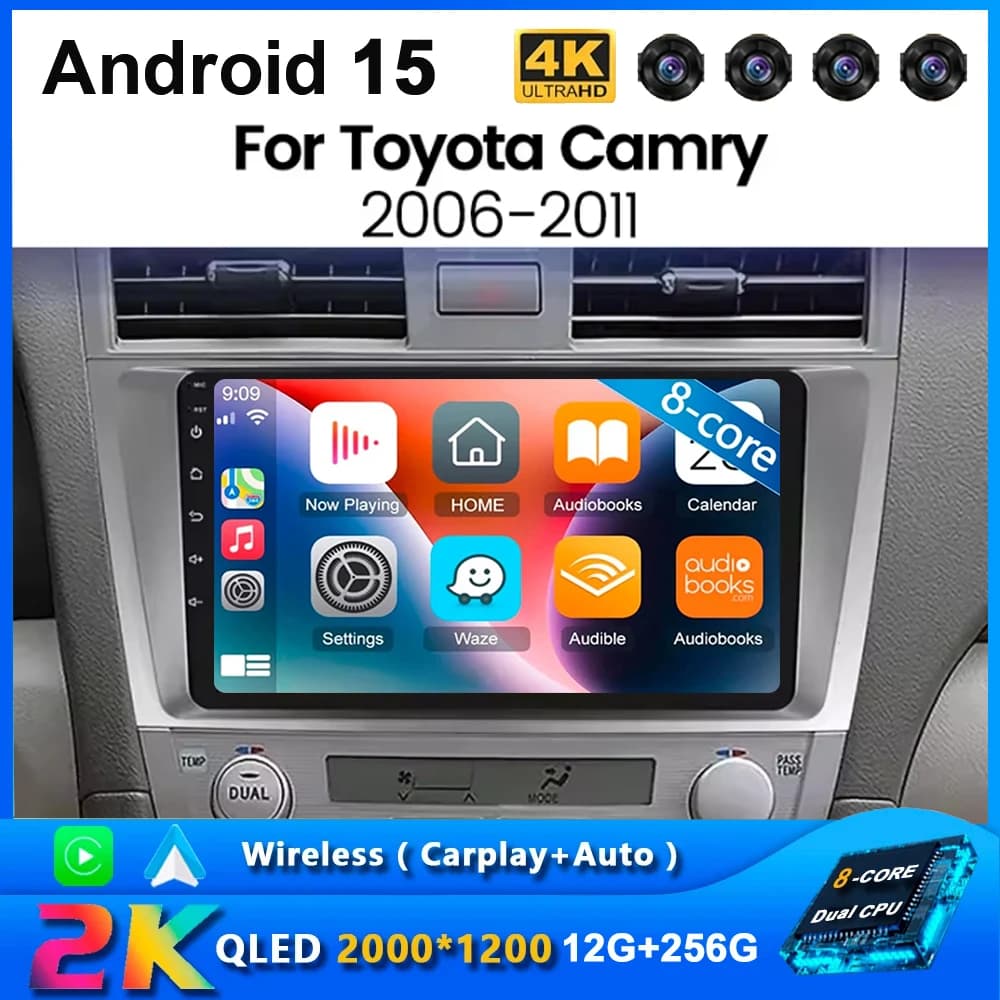 Autoradio Multimediale Android 15 con Carplay per Toyota Camry 7 XV 40 50 2006-2011, Navigazione, Video, DVD, Stereo 2din 4G+BT