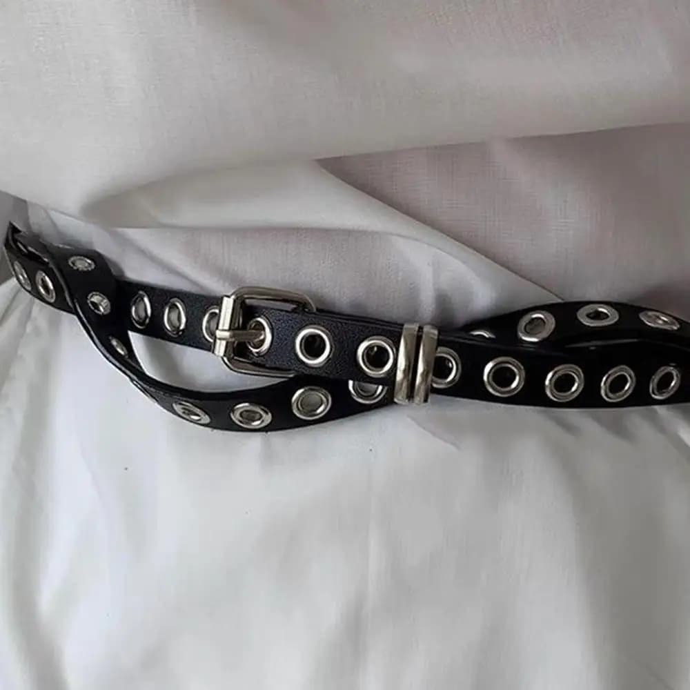 Y2K Punk Rivetto Occhiello Pelle Doppia Cintura Sottile Donna Pelle PU Nero Bianco Extra Lungo Sottile Cintura in Vita Jeans Gonna Decorazione