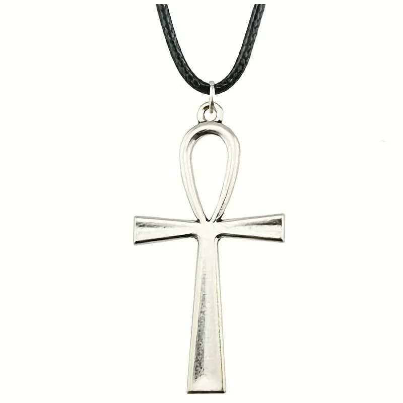 Elegante Collana Punk con Ciondolo a Croce e Simbolo Egizio Antico in Argento, Charm in Lega di Zinco, Corda Cerata Nera